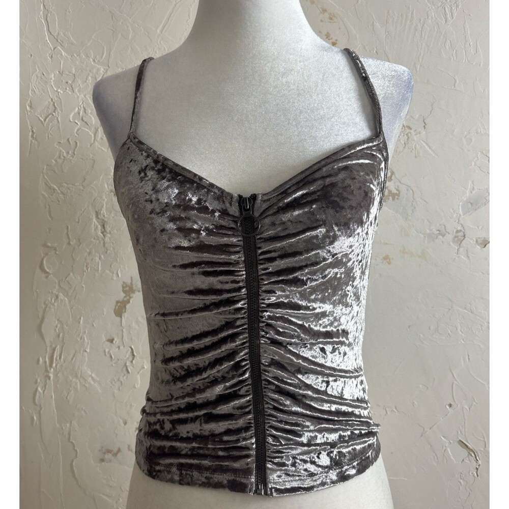 Womens S Vintage Y2K Express Crushed Velvet Zip Tank Goth Clubwear Fairygrunge